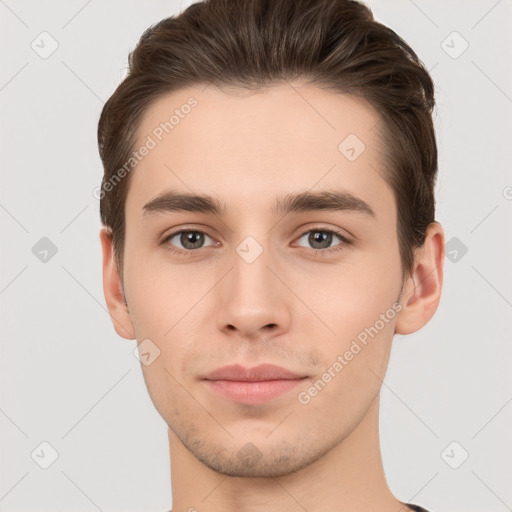 Neutral white young-adult male with short  brown hair and brown eyes