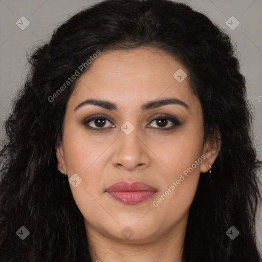 Joyful latino young-adult female with long  brown hair and brown eyes