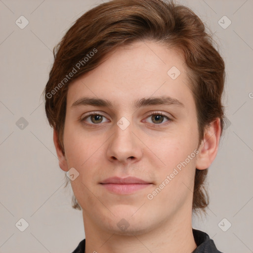 Neutral white young-adult male with short  brown hair and grey eyes