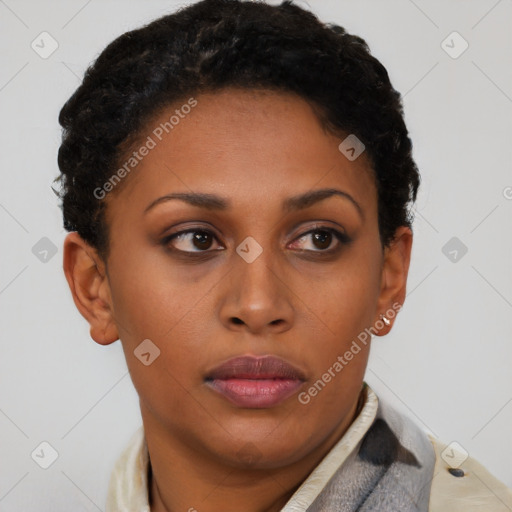 Neutral black young-adult female with short  brown hair and brown eyes