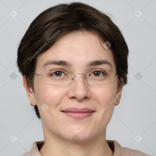 Joyful white adult female with short  brown hair and brown eyes