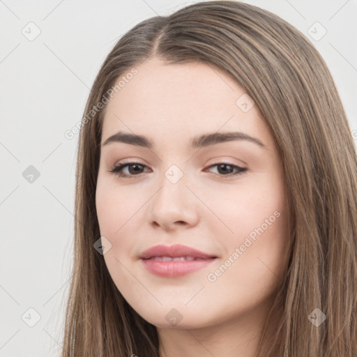 Neutral white young-adult female with long  brown hair and brown eyes