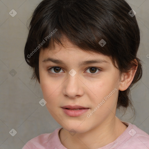 Joyful white child female with medium  brown hair and brown eyes