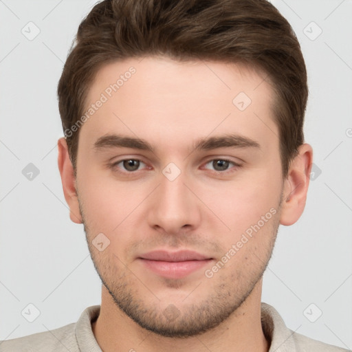 Neutral white young-adult male with short  brown hair and brown eyes