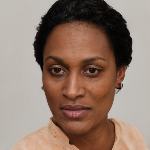 Neutral black adult female with short  black hair and brown eyes