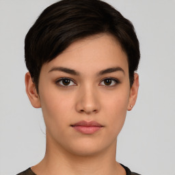 Neutral white young-adult female with short  brown hair and brown eyes