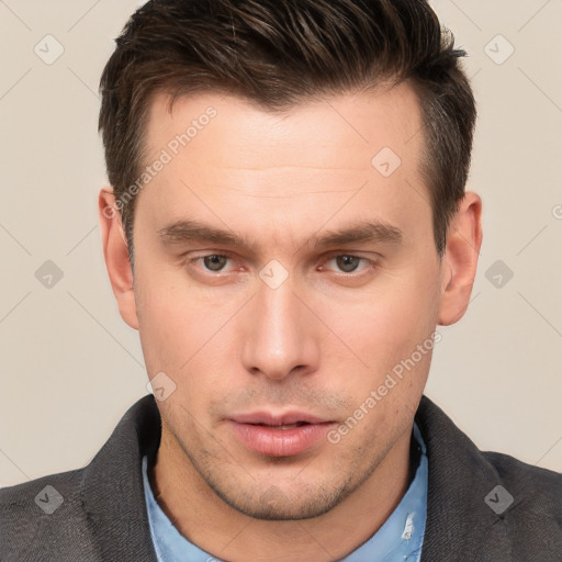 Neutral white young-adult male with short  brown hair and brown eyes