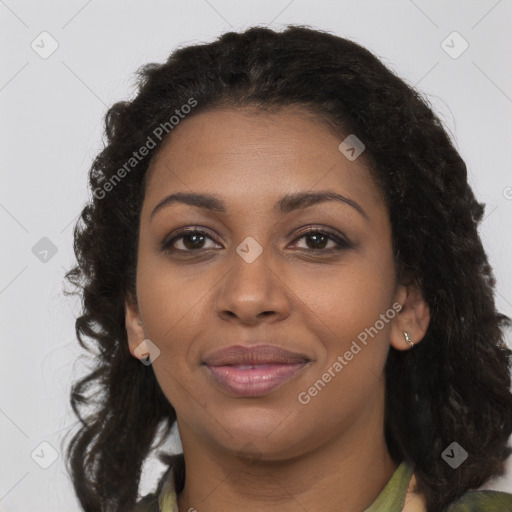 Joyful black young-adult female with medium  brown hair and brown eyes