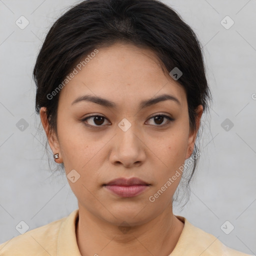 Neutral asian young-adult female with medium  brown hair and brown eyes