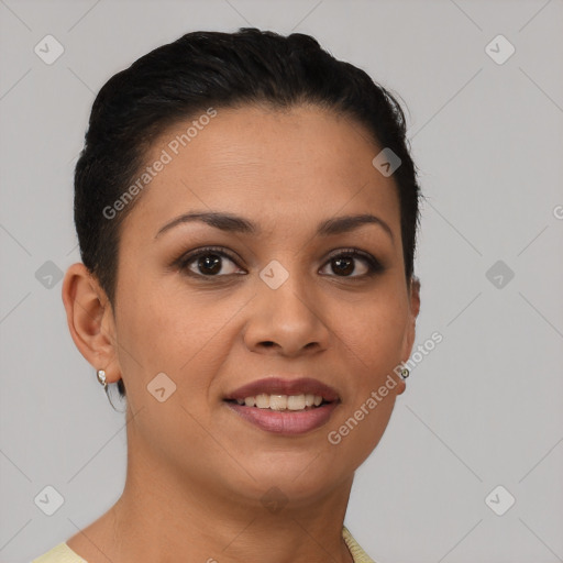 Joyful latino young-adult female with short  brown hair and brown eyes