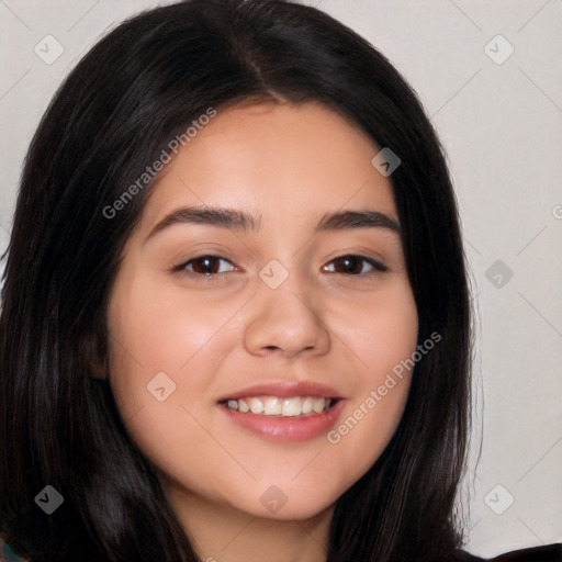 Joyful white young-adult female with long  black hair and brown eyes