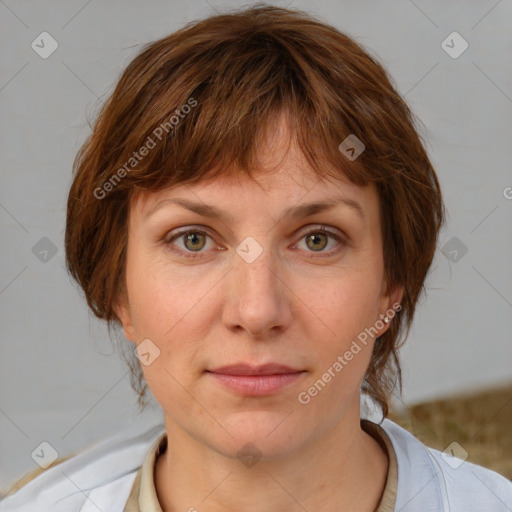 Joyful white adult female with medium  brown hair and blue eyes