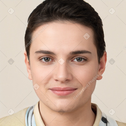 Joyful white young-adult female with short  brown hair and brown eyes