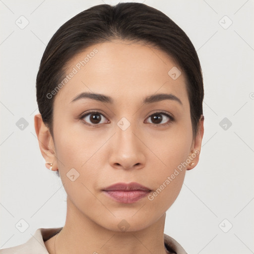 Neutral white young-adult female with short  brown hair and brown eyes