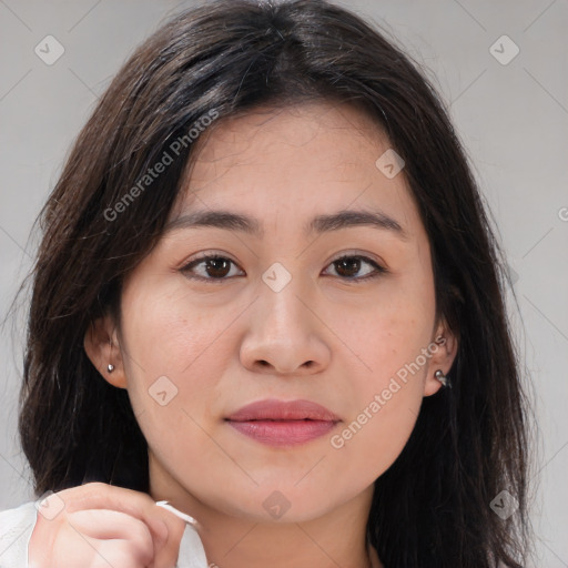 Joyful white young-adult female with medium  brown hair and brown eyes