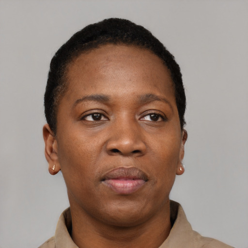 Neutral black young-adult female with short  black hair and brown eyes