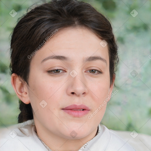 Neutral white young-adult female with medium  brown hair and brown eyes