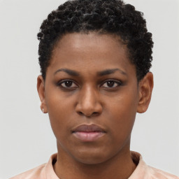 Neutral black young-adult female with short  brown hair and brown eyes