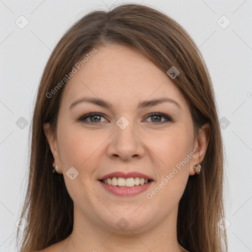 Joyful white young-adult female with long  brown hair and grey eyes