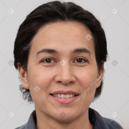 Joyful white adult female with medium  brown hair and brown eyes