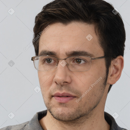 Neutral white adult male with short  brown hair and brown eyes