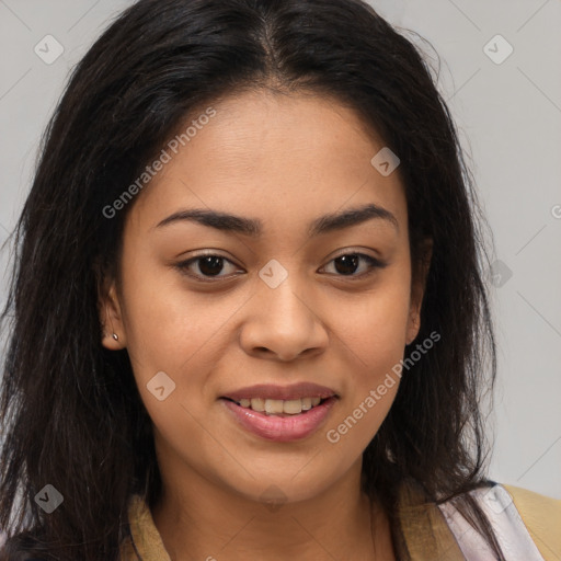 Joyful latino young-adult female with long  brown hair and brown eyes