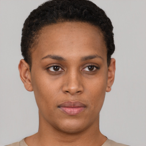 Neutral black young-adult female with short  black hair and brown eyes