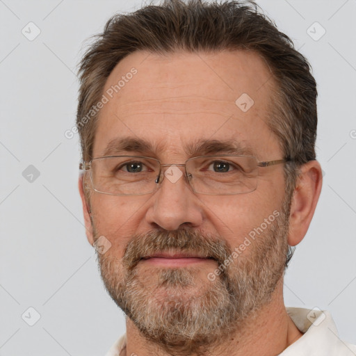 Neutral white middle-aged male with short  brown hair and brown eyes