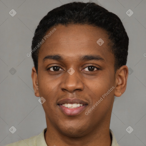 Joyful black young-adult male with short  black hair and brown eyes