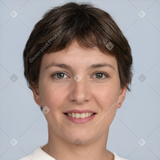 Joyful white young-adult female with short  brown hair and grey eyes