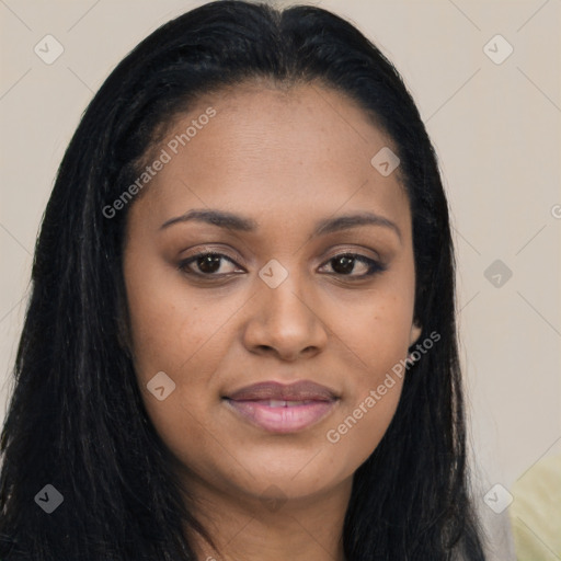 Joyful asian young-adult female with long  brown hair and brown eyes