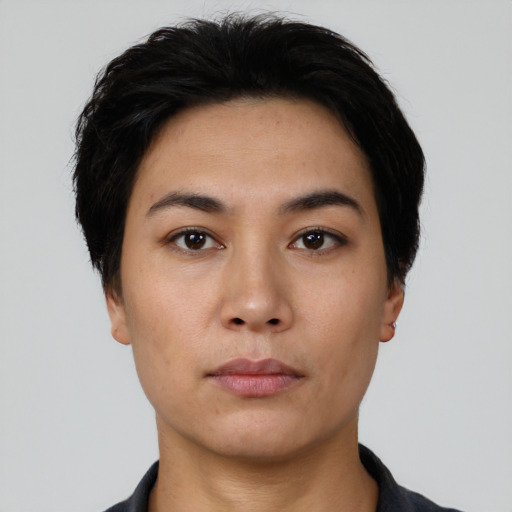 Neutral asian young-adult female with short  black hair and brown eyes