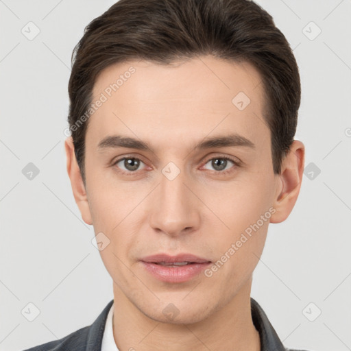 Neutral white young-adult male with short  brown hair and brown eyes