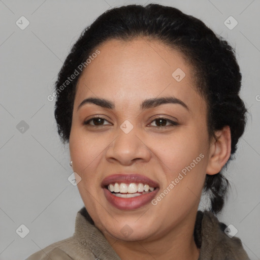 Joyful asian young-adult female with medium  black hair and brown eyes