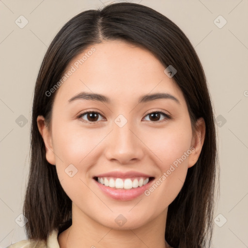 Joyful white young-adult female with medium  brown hair and brown eyes