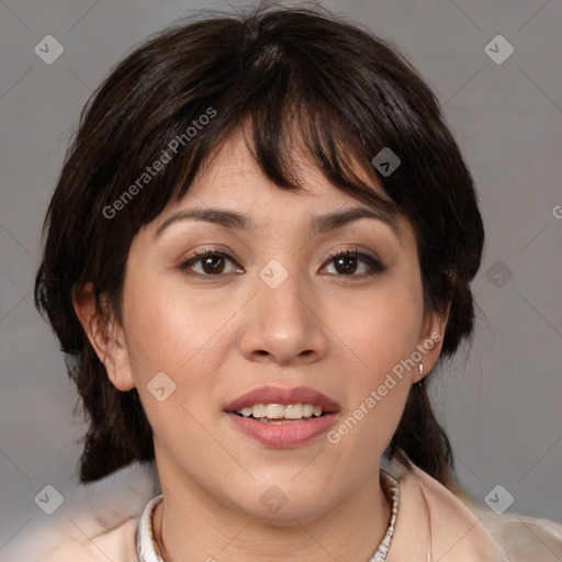 Joyful white young-adult female with medium  brown hair and brown eyes