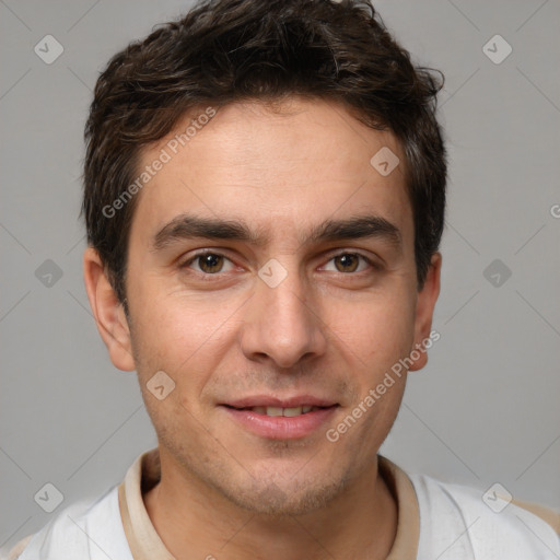 Joyful white young-adult male with short  brown hair and brown eyes