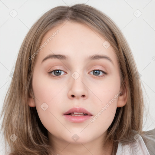 Neutral white young-adult female with medium  brown hair and grey eyes