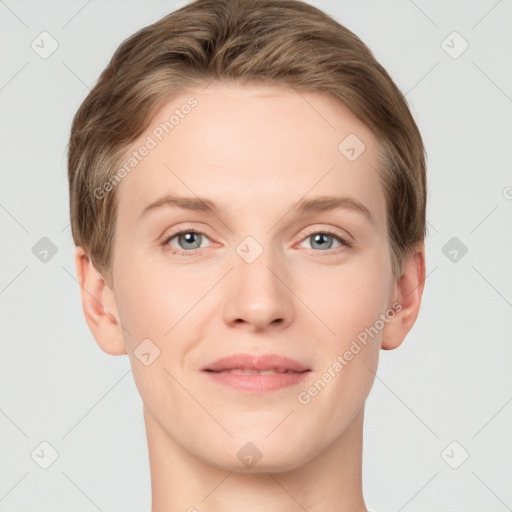 Joyful white young-adult female with short  brown hair and grey eyes