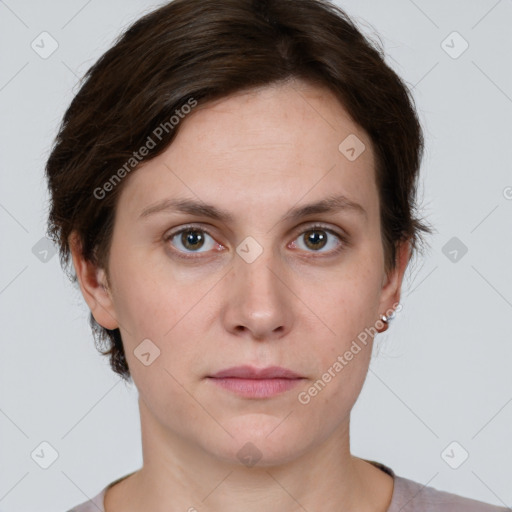 Neutral white young-adult female with short  brown hair and brown eyes