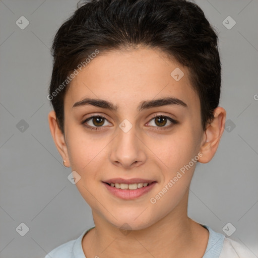 Joyful white young-adult female with short  brown hair and brown eyes