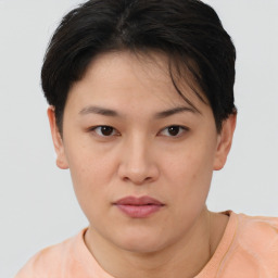 Neutral asian young-adult female with short  brown hair and brown eyes