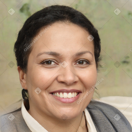 Joyful white adult female with short  brown hair and brown eyes