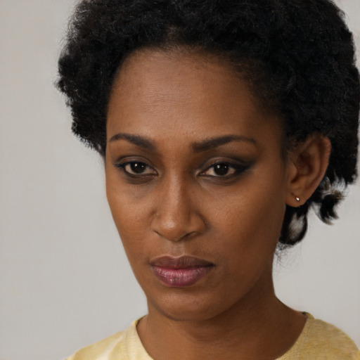 Neutral black young-adult female with short  black hair and brown eyes