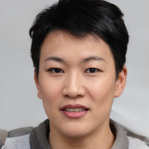 Joyful asian young-adult female with short  black hair and brown eyes