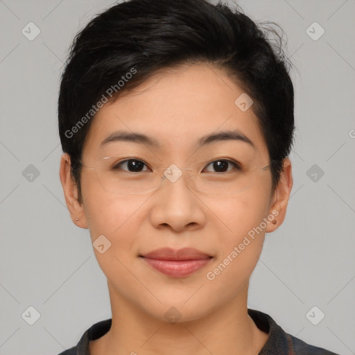 Joyful asian young-adult female with short  brown hair and brown eyes