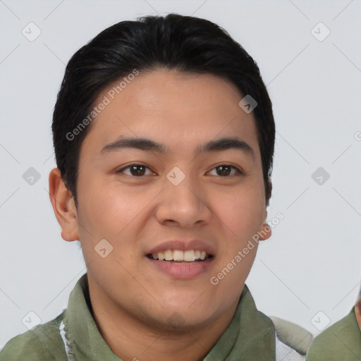 Joyful asian young-adult male with short  black hair and brown eyes