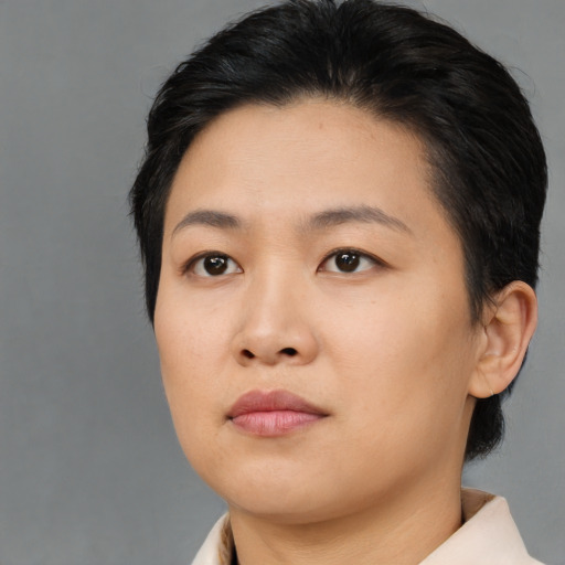 Neutral asian young-adult female with medium  black hair and brown eyes