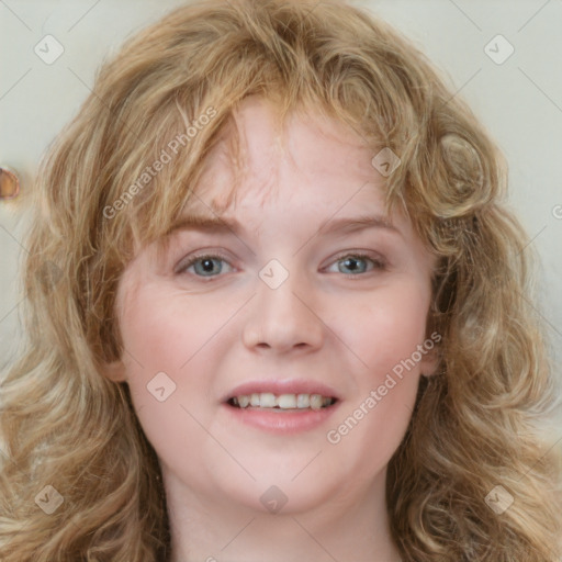 Joyful white young-adult female with medium  brown hair and blue eyes