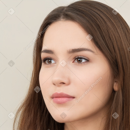 Neutral white young-adult female with long  brown hair and brown eyes